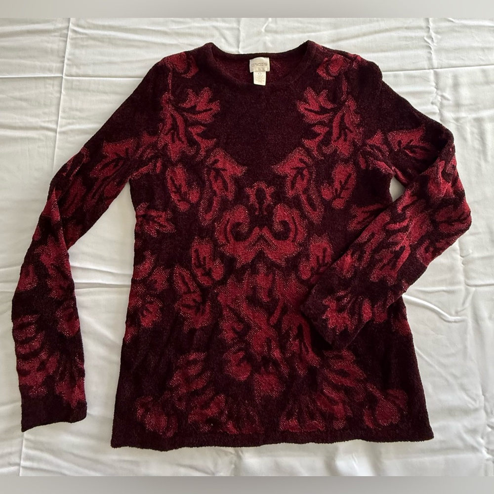 Chico's Burgundy Sweater S/M Demask pattern Metallic Whimsygoth